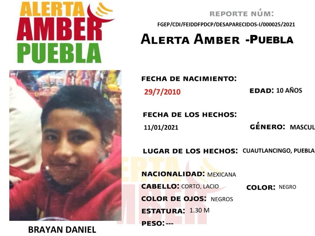 FGE Puebla activa Alerta Amber para localizar a menor de 10 años de edad