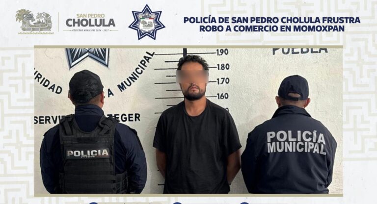 Policía de San Pedro Cholula frustra robo a comercio en Momoxpan
