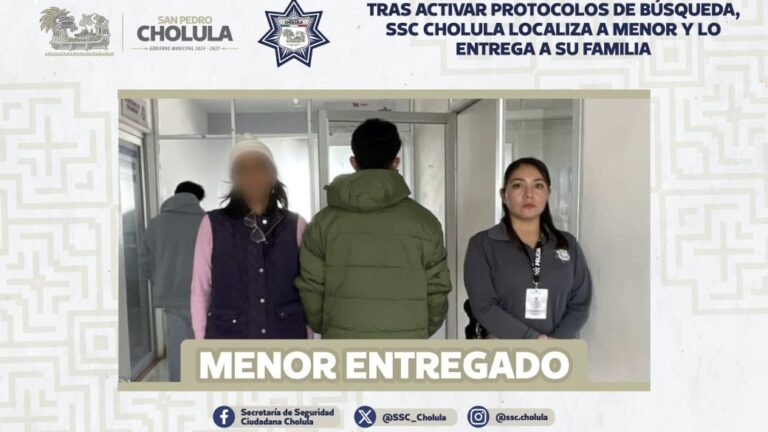 Tras activar protocolos de búsqueda, SSC Cholula localiza a menor y lo entrega a su familia