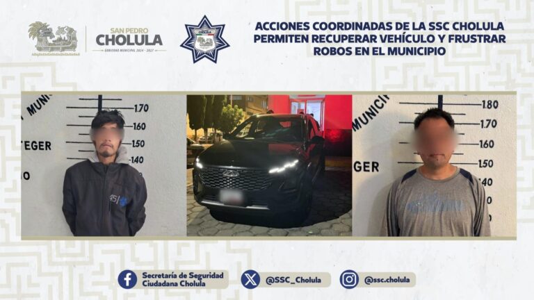 Acciones coordinadas de la SSC Cholula permiten recuperar vehículo y frustrar robos en el municipio