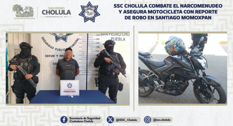 SSC Cholula combate el narcomenudeo y asegura motocicleta con reporte de robo en Santiago Momoxpan