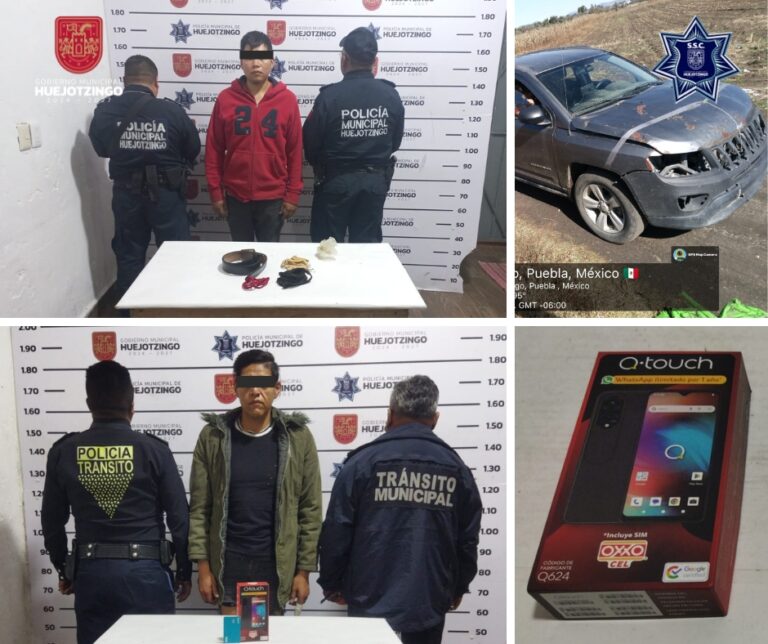 Policía de Huejotzingo detiene a cinco y asegura droga, un arma de fuego y recupera vehículo robado