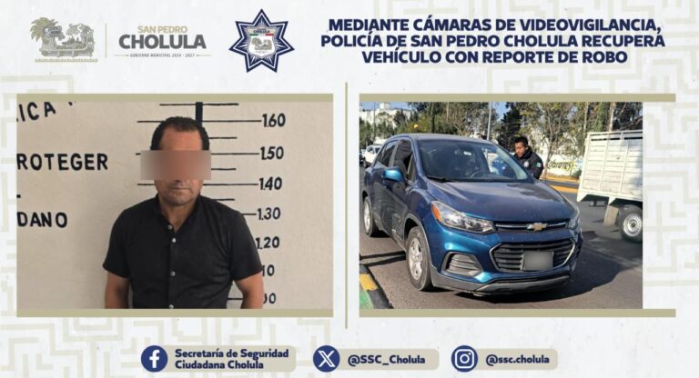 Mediante cámaras de videovigilancia, policía de San Pedro Cholula recupera vehículo con reporte de robo