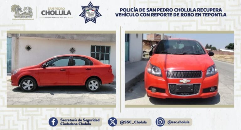 Policía de San Pedro Cholula recupera vehículo con reporte de robo en Tepontla