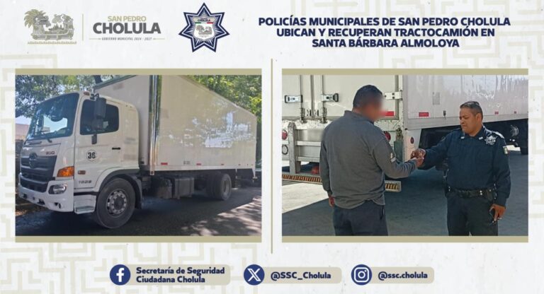 Policías Municipales de San Pedro Cholula ubican y recuperan tractocamión en Santa Bárbara Almoloya