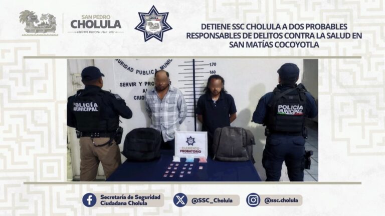Detiene SSC Cholula a dos probables responsables de delitos contra la salud en San Matías Cocoyotla