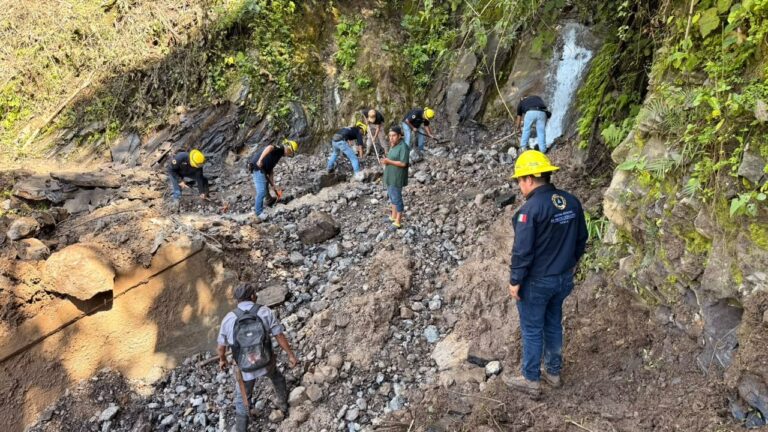 Órdenes de gobierno y fuerzas armadas atienden deslizamiento de tierra en Pahuatlán